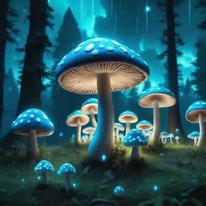 A mushroom forest full of tree sized cyan mushrooms with white spots, a massive building sized mushroom in the middle, blue glowing mushrooms in background, very green grass, fireflies in air