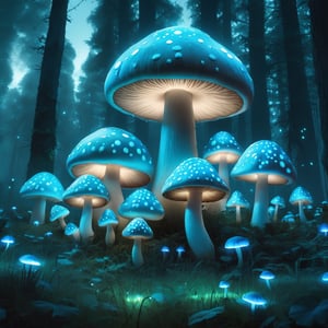 A mushroom forest full of tree sized cyan mushrooms with white spots, a massive building sized mushroom in the middle, blue glowing mushrooms in background, very green grass, fireflies in air