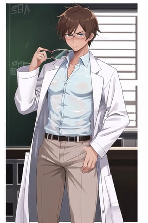 Hot anime teacher, wearing lab coat, see through lab glasses, brown hair, tall, wide shoulders, blue button up, generic darkish tan pants, male, white, serious expression, sturn, hot, slight bags under eyes, sexy tired look