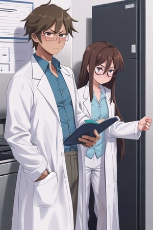 Hot anime teacher, wearing lab coat, see through lab glasses, brown hair, tall, wide shoulders, blue button up, generic darkish tan pants, male, white, serious expression, sturn, hot, slight bags under eyes, sexy tired look