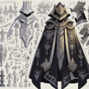 design of a 2D male character, comic style, based on the combination of the chess pieces of the white king and the black king, with designs on machinery and robotics in the clothing, background to contrast the character.
