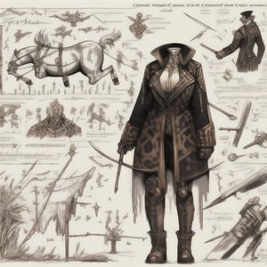 Design of a 2D female character, comic style, based on the combination of the chess pieces of the white horse and the black horse, with steampunk style designs on the clothing, a scythe weapon, background to contrast the character.