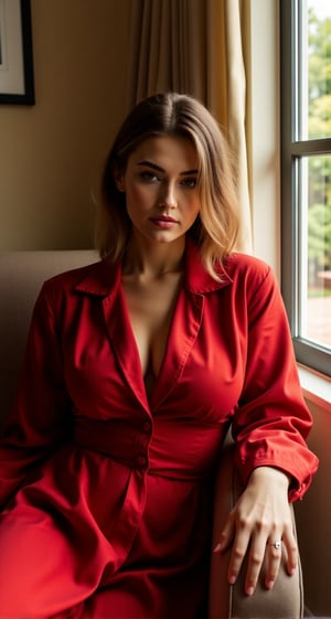 Generate a hyper-realistic, full-body image featuring a captivating scene with a stunning young woman, wearing an oversized unbuttoned red satin blouse that drapes over her form. She has dark blonde hair falling in soft waves, delicate features, and expressive gray eyes that add a sense of mystery to her expression. Masterfully rendered in 8K Ultra HD, she sits relaxed on an armchair near a large window, with warm natural light casting a soft glow on her face and highlighting the cozy, cinematic atmosphere. The scene is presented in a detailed side view, capturing her full body with an artistic focus on her gentle expression and natural posture. The realistic textures of her clothing, skin, and the subtle shadows in the room make the image feel vividly alive, set in a cozy yet sophisticated indoor ambiance,hourglass body shape,aidmaRealisticPeoplePhotograph