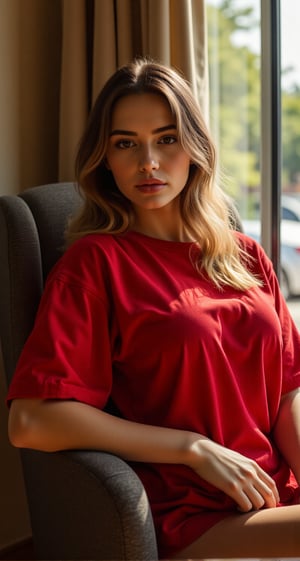 Generate a hyper-realistic, full-body image featuring a captivating scene with a stunning young woman, wearing an oversized red T-shirt that drapes over her form. She has dark blonde hair falling in soft waves, delicate features, and expressive gray eyes that add a sense of mystery to her expression. Masterfully rendered in 8K Ultra HD, she sits relaxed on an armchair near a large window, with warm natural light casting a soft glow on her face and highlighting the cozy, cinematic atmosphere. The scene is presented in a detailed side view, capturing her full body with an artistic focus on her gentle expression and natural posture. The realistic textures of her clothing, skin, and the subtle shadows in the room make the image feel vividly alive, set in a cozy yet sophisticated indoor ambiance,hourglass body shape,aidmaRealisticPeoplePhotograph