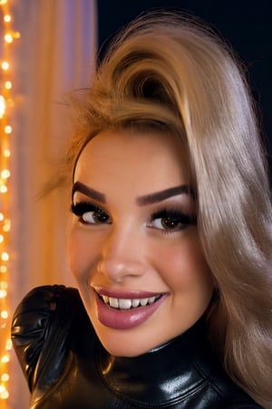 professional portrait, high resolution,  wearing tight black leather dress with turtle neck and ultra short skirt, black 20den Pantyhose, facing the camera,  ultra detailed skin,  masterpiece,  8k,  uhd,  dslr,  studio light,  gorgeous,  night city background,  bokeh effect,  long, slight curly and blonde, smile,pocahontas,TinkerWaifu,mavis dracula,SnowWhite,rapunzel