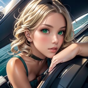 1girl, blonde, styled, slim built, small bust, long legs, bewitching  dark green eyes, wing eyeliner, long eyelashes, blue eye shadow, realistic skin, easy to smile, perfect hands, perfect fingers, photorealistic, cinematic and dramatic lighting.  @gamma,  Leonardo da Vinci style,  Model at the steering wheel, sailboat, open sea