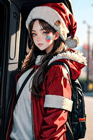 (masterpiece),,(best quality), 
1girl, solo, long hair, looking at viewer, long sleeves, hat, closed mouth, jacket, outdoors, hood, bag, blurry, fur trim, blurry background, stuffed toy, backpack, stuffed animal, hood down, ground vehicle, bandaid, hooded jacket, red headwear, motor vehicle, red jacket, santa hat, teddy bear, bandaid on face,Rosy Zhao