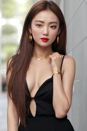 igirl, beautiful Korean woman, from the knees up, portrait, brown choker, looking slightly away from camera,  dimly lit, wearing a dark brown gown, gold earrings,  best quality, amazing quality, very aesthetic, (petite), ((small breasts)), insanely detailed eyes, insanely detailed face, insanely detaled lips, insanely detailed hands, insanely detailed hair,  insanely detailed skin, long light brown hair, brown eyes, red lipstick