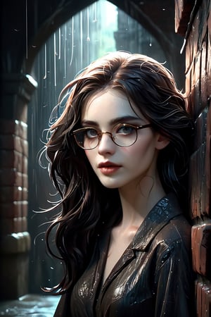 An alluring and hot female, with big and perfect eyes, a thin and slightly upturned nose, and appealing full lips, looks out from behind a brick wall. Geometric glasses, dark long hair, and hair between her eyes. Glowing pale skin. Trending on Artstation, sharp focus, studio photo, intricate details, highly detailed, rain, octane render, 64k, photorealistic concept art, soft natural light, chiaroscuro, masterpiece.,Decora_SWstyle,style,arch143,H effect,concept,fantasy,Movie Still,wallpaper,art,magic,enhance,SelectiveColorStyle