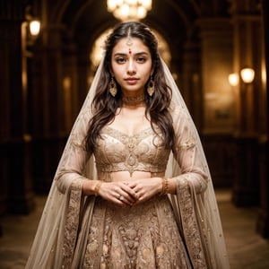 beautiful cute young attractive indian teenage girl, 18 years old, cute,
Instagram model, long colorful_hair, colorful hair, warm, dacing,her skin is fair,

from the knees up, portrait, brown choker, looking slightly away from camera,  
dimly lit, wearing a dark brown gown, gold earrings,  best quality, amazing quality, very aesthetic, (petite), 
insanely detailed eyes, insanely detailed face, insanely detaled lips, insanely detailed hands, 
insanely detailed hair,  insanely detailed skin,

pretty face mesh, wedding photography,full body in frame ,body parts front view,
concept art, looking at camera, masterpiece