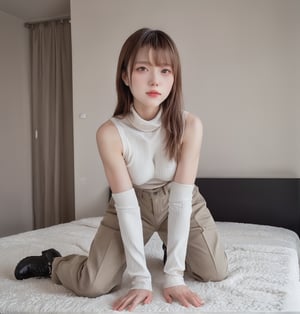 Reflected light, movie lighting, (eroticism: 1.3), 1 person, female, 20 years old, mysterious beautiful girl, delicate features, light brown hair, straight long hair, hanging hairstyle, (parting, bangs: 1.45), dynamic pose, (white turtleneck sleeveless knit sweater, bodycon cargo miniskirt), long boots, full moon night, bedroom, soft focus, excessive overexposure,
Airy Photo, Artstation Trend, (Full Body Portrait, Full Body Esbian),