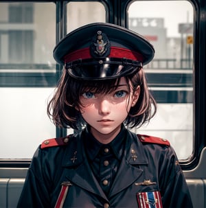 close up shot, solo, 1 girl, young, handsome, full lips, WW2 soldier cap, ground vehicle, realistic, train interior, looking through the train window, 1940s style setting, (high detailed skin:1.4), 1940s soldier uniform, 4k ultra hd, smooth picture, noise-free realism, sigma 85mm f/1.4,photorealistic