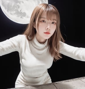 Reflected light, movie lighting, (eroticism: 1.3), 1 person, female, 20 years old, mysterious beautiful girl, delicate features, light brown hair, straight long hair, hanging hairstyle, (parting, bangs: 1.45), dynamic pose, (white turtleneck sleeveless knit sweater, bodycon cargo miniskirt), long boots, full moon night, soft focus, excessive overexposure,