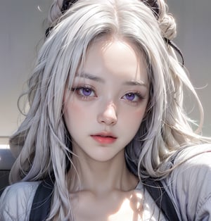 Portrait (a white hair girl with pale skin and purple eyes looking at the viewer)