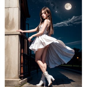 Girl, white dress, white boots, teenage, lovely face, night_sky, pale skin, juicy lip, moonlight on hair,Extremely Realistic,(full body:1.3)