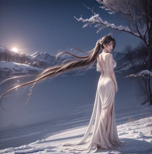 A tranquil scene unfolds: a ravaged battlefield shrouded in thick, powdery snow serves as the dramatic backdrop for a lone girl's elegant pose. Dressed in a strapless white gown that drapes across her medium-cherished chest, adorned with a plum blossom mark, she stands out against the desolate landscape. Her long ponytail flows down her back like a river of silk, contrasting with the brutal surroundings. European-style earrings glint softly in the filtered light, as her boundless, generous smile radiates warmth and hope amidst the chaos. Framed by the desolate landscape, she stands tall, her translucent skin illuminated by delicate shadows that accentuate her features,(full body:1.5)