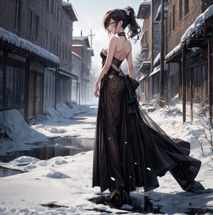 A tranquil scene unfolds: a ravaged battlefield shrouded in thick, powdery snow serves as the dramatic backdrop for a lone girl's elegant pose. Dressed in a strapless white gown that drapes across her medium-cherished chest, adorned with a plum blossom mark, she stands out against the desolate landscape. Her long ponytail flows down her back like a river of silk, contrasting with the brutal surroundings. European-style earrings glint softly in the filtered light, as her boundless, generous smile radiates warmth and hope amidst the chaos. Framed by the desolate landscape, she stands tall, her translucent skin illuminated by delicate shadows that accentuate her features,(full body:1.5)