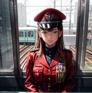 close up shot, solo, 1 girl, young, handsome, full lips, WW2 soldier cap, ground vehicle, realistic, train interior, looking through the train window, 1940s style setting, (high detailed skin:1.4), 1940s soldier uniform, 4k ultra hd, smooth picture, noise-free realism, sigma 85mm f/1.4,photorealistic