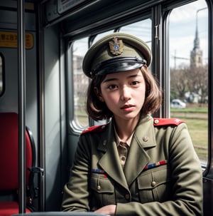 close up shot, solo, 1 girl, young, handsome, full lips, WW2 soldier cap, ground vehicle, realistic, train interior, looking through the train window, 1940s style setting, (high detailed skin:1.4), 1940s soldier uniform, 4k ultra hd, smooth picture, noise-free realism, sigma 85mm f/1.4,photorealistic