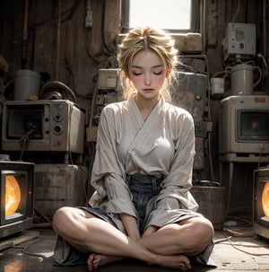 A dimly lit room is filled with rows of flickering televisions, their screens casting a greenish glow. The air is thick with the hum of machinery and tangled cables. Amidst this chaotic backdrop, a lone blonde-haired girl sits cross-legged on the floor, her eyes closed as she focuses on the ancient art of Naruko Jutsu. Her sensual pose seems almost sacrilegious amidst the industrial decay, yet she remains serene, lost in her own world.