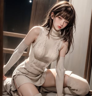 Reflected light, movie lighting, (eroticism: 1.3), 1 person, female, 20 years old, mysterious beautiful girl, delicate features, light brown hair, straight long hair, hanging hairstyle, (parting, bangs: 1.45), dynamic pose, (white turtleneck sleeveless knit sweater, bodycon cargo miniskirt), long boots, full moon night, soft focus, excessive overexposure,