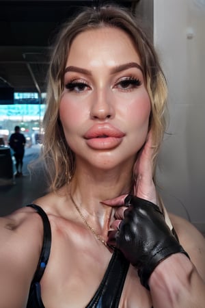 In a dimly lit eifeltower, a stunning 40-year-old blonde brasilian woman stands directly in front of the viewer (1.4). Her gorgeous face is illuminated by subtle overhead lighting, accentuating her features. She wears black leather leggings and over-the-knee high heels, exuding confidence. The camera captures every detail, from the plump lips to the plastic implants, as she proudly displays a hint of cameltoe. Framed by the Airport's dark walls, this 8K portrait is an Ultra-Realistic masterpiece, rendered in stunning Ultra-Detail and Ultra-Sharp clarity with the Sony A7RIV and Zeiss lenses.