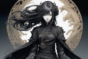 Ink drawing of the silent lady of the forgotten battleground, full body, dramatic, by Tsutomu Nihei, Shizukanajose dragon style, mysterious vibe, silky hair, black intricate robe, incredible color palette, Realistic, ultra detailed, intricate details, high contrast, highly detailed, hyper detailed, insanely detailed, accurate details, maximum texture, detailed texture.,photorealistic