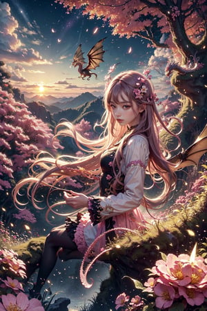 (masterpiece, top quality, best quality, official art, beautiful and aesthetic:1.2), (1girl),  "a girl with long wavy hair watching a flying dragon", 1dragon,  forest, moss, petalstorm, extreme detailed,(fractal art:1.3),highest detailed,DragonConfetti2024

the flying drangon in pink and yellow colour , cute fang and looking at girl , and the girl looking at flying drangon 
pink garden backgroung with flying flowers and fairy, sunset , ,nodf_lora,dragonbaby,firefliesfireflies