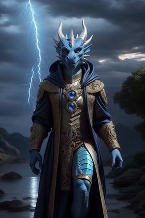 A blue dragonborne, anthro, (dragon), male, blue body, blue torso, shiny, yellow eyes, (full body), full length, wearing an ornate black robe with a decorative orange cloak on top, wearing ornate leather bracers with a star sapphire, weilder of magic, detailed face, detailed eyes, (1 tail), (glowing LED:1.1), holding a blue magic crystal with lightning energy emanating from it, outdoors, extremely detailed CG unity 8k wallpaper, realistic, masterpiece, highest quality, lens flare, unreal engine, trending on ArtStation, Intricate, High Detail, dramatic, realism, beautiful and detailed lighting, shadows, thunder, (photorealism, photo, real, realism), photorealistic, (fantasy)