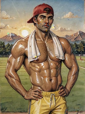 cowboy shot, 

well-built dark-skinned male, shirtless, backwards baseball cap, stubbles, chest hair, very sweaty, glistening muscles, sweat-slick face, hands on hip, looking to the distance, squinting, casual manly pose, gym towel, 

hot summer afternoon, sunset, sports field, 

traditional media, realistic, intricately detailed, 