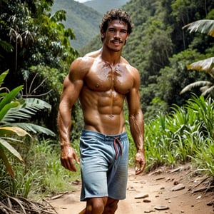 realistic photography, RAW photo, full body framing,

BREAK

(ideal male physique Venezuela), strong young man, shirtless, natural bodyhair, 

traditional casual clothes, 

sweating profusely, glistening muscles, gleaming sweat,

BREAK

outdoor, hot day, secluded wilderness,

BREAK

HDRI, bright exposure, hyperdetailed, sharp natural textures, detailed natural imperfect skin, film grain,