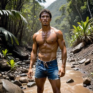 realistic photography, RAW photo, full body framing,

BREAK

(ideal male physique Venezuela), strong young man, shirtless, natural bodyhair, 

traditional casual clothes, 

sweating profusely, glistening muscles, gleaming sweat, sweat trickling down muscles, 

BREAK

outdoor, hot day, secluded wilderness,

BREAK

HDRI, bright exposure, hyperdetailed, sharp natural textures, detailed natural imperfect skin, film grain,