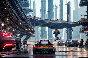 Detailed full length picture, masterpiece, best quality, super high resolution, visually stunning, beautiful, award-winning art (Abstract Art: 1.3), beautiful))), There is a cool sports car parked in the middle of the car repair room. It is full of technology and is the sports car in Ready Player One,oil painting dieselpunk, dieselpunk, sharp focus, studio photo, intricate details, very detailed, by greg rutkowski, more details xl, ultra detailed, realistic, oil painting, by julie bell, frank ·frazetta, film lighting, furure_urban, network
,cyber