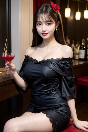 masterpiece, best quality, photorealistic, raw photo, 1girl, long hair, light smile, detailed skin, looking at viewer, black lace, whole body , red dim lighting,
(large breasts:1.5), (slim waist, narrow waist), (medium hip, medium tights), (off shoulder dress:1.5), (cocktailbar, cocktail), (sitting on the chair, cocktail on the table), from_behind