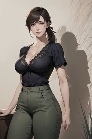 1girl, (solo), OverallDetail, mature female, adult lady like woman, wife, smile, light blush, tarem, short hair, bangs, side ponytail, ((large breasts)), (Showing cleavage), (brown hair), narrowed eyes, shirt, in classroom, standing, collarbone, hair ribbon, short sleeves, dark grass green pants, palazzo pants, ((Black transparent lace top)), blue ribbon, game cg, comic, sketch, wallpaper, milf, motherly, Hyperrealistic, HD, Detalied, Absurdres, highres, 4k, 8k, intricate detail, cinematic lighting, amazing quality, amazing shading, soft lighting, Detailed Illustration, anime style , wallpaper