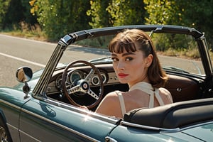 car, alfa Romeo on the road, classic, convertible, 17-year-old Audrey Hepburn, Audrey Hepburn in the driver's seat of a vehicle, 45-degree side view, road, vehicle, focus, dynamic view, sense of speed,
8K, outdoor, sufficient light, sunlight, ultra-clear, face focus, ultra-detail, ultra-realism, ultra-close-up, movie scene, preventing facial deformation, full-body shooting