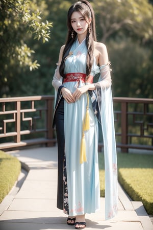 Background is Chinese palace garden, midnight, moon, milky way, snow, 18 years old, 1 girl, beautiful Chinese girl, shiny bracelet, beautiful hanfu (yellow, transparent), full body scene, standing on one foot, cloak, solo , {beautiful and delicate eyes}, happy expression, natural soft light, exquisite facial features, very small earrings, ((model pose)), charming body shape, (black hair: 1.2), honeycomb, long ponytail, very Long hair, hip-length hair, curly hair, fine lines, real hands, masterpiece, best quality, realistic, super detailed, fine, high resolution, perfect dynamic composition, beautiful detailed eyes, eyes smile, ((nervous and awkward)), sharp focus, whole body, sexy pose, cowboy_shot, ruanyi0060, colorful girl_v2