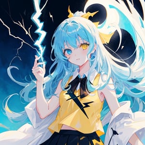 anime, 1girl, light blue hair, long hair, gothic style, white skirt, yellow sleeveless shirt, heterochromia blue eye and a yellow eye, lightning witch