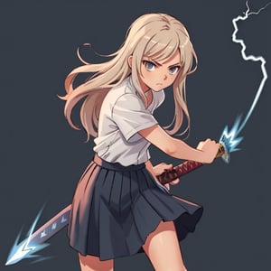 visual novel style, girl, slim body, black long hair, lightning blade, serious face, skirt, white shirt, simple background, battoujutsu, wielding a magic katana, flowing hair, lightning aura