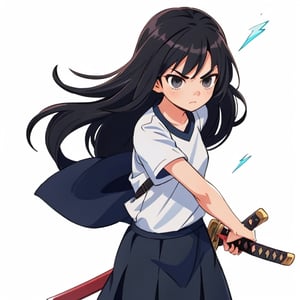 visual novel style, girl, slim body, black long hair, lightning blade, serious face, skirt, white shirt, simple background, battoujutsu, wielding a magic katana