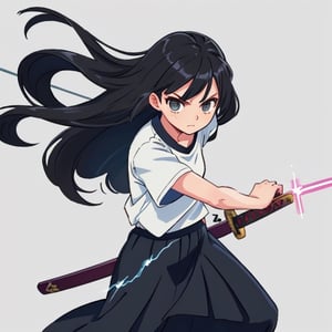 visual novel style, girl, slim body, black long hair, lightning blade, serious face, skirt, white shirt, simple background, battoujutsu, wielding a magic katana, flowing hair, lightning aura