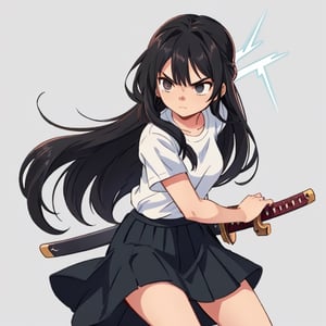 visual novel style, girl, slim body, black long hair, lightning blade, serious face, skirt, white shirt, simple background, battoujutsu, wielding a magic katana