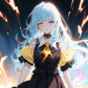 anime, 1girl, light blue hair, long hair, gothic style, white skirt, yellow sleeveless shirt, heterochromia blue eye and a yellow eye, lightning witch