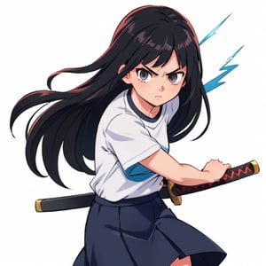 visual novel style, girl, slim body, black long hair, lightning katana, serious face, skirt, white shirt, simple background,battoujutsu