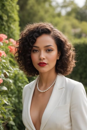 The image features a stunning biracial woman with a radiant and confident demeanor. She has a beautifully curly bob hairstyle, with soft brown curls that frame her face perfectly. Her makeup is impeccably done, highlighting her striking features with bold eyeliner and a rich, matte red lipstick. She is dressed in a sophisticated white blazer, exuding elegance and style. Around her neck, she wears two delicate necklaces: one with a pearl strand and another with a simple gold chain featuring a small pendant.

The woman is standing in a charming, sunlit garden filled with vibrant flowers and lush greenery. The background features a variety of blooming plants, creating a colorful and lively atmosphere. A quaint white fence runs along the edge of the garden, and the sky above is clear and blue, with the warm sunlight casting a soft glow on her face. She is positioned near a stone pathway that winds through the garden, adding a touch of rustic charm to the scene. The overall setting is serene and picturesque, enhancing her natural beauty and sophisticated appearance.