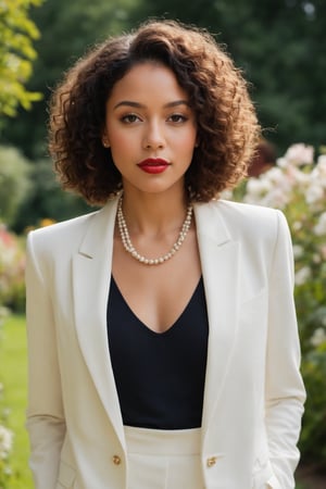 The image features a stunning biracial woman with a radiant and confident demeanor. She has a beautifully curly bob hairstyle, with soft brown curls that frame her face perfectly. Her makeup is impeccably done, highlighting her striking features with bold eyeliner and a rich, matte red lipstick. She is dressed in a sophisticated white blazer, exuding elegance and style. Around her neck, she wears two delicate necklaces: one with a pearl strand and another with a simple gold chain featuring a small pendant.

The woman is standing in a charming, sunlit garden filled with vibrant flowers and lush greenery. The background features a variety of blooming plants, creating a colorful and lively atmosphere. A quaint white fence runs along the edge of the garden, and the sky above is clear and blue, with the warm sunlight casting a soft glow on her face. She is positioned near a stone pathway that winds through the garden, adding a touch of rustic charm to the scene. The overall setting is serene and picturesque, enhancing her natural beauty and sophisticated appearance.