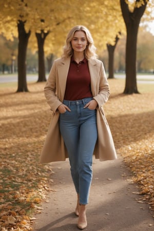 A full-body view of a model showcasing an elegant autumn outfit in a picturesque park with autumn foliage. The model is a Caucasian female, aged 25-30, with blue eyes, wavy blonde hair, and a soft smile. She is 5'8"withaslenderbuild. The image should have 8k resolution, realistic shadows, soft natural lighting, and a Kodak Gold 400 film style quality.