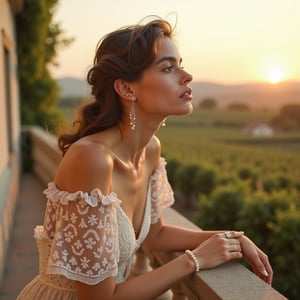 Delicate European woman, portrait, white lace dress by Dolce & Gabbana, pearl drop earrings, dainty bracelet, pink lipstick, rosy cheeks, leaning on ornate balcony, overlooking vineyard at sunset, 61MP resolution, Sony a7R V, Ellen von Unwerth’s romantic, sun-kissed style,VNS_Add more details