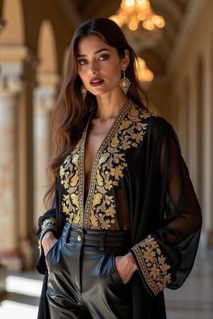 Beautiful Middle Eastern woman, portrait, gold-embroidered tunic, fitted black pants by Valentino, black leather ankle boots, intricate gold earrings, nose ring, kohl-lined eyes, berry lip, ornate atrium, 50MP resolution, Nikon Z8, contemporary style of Patrick Demarchelier, soft bokeh background