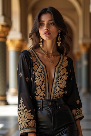 Beautiful Middle Eastern woman, portrait, gold-embroidered tunic, fitted black pants by Valentino, black leather ankle boots, intricate gold earrings, nose ring, kohl-lined eyes, berry lip, ornate atrium, 50MP resolution, Nikon Z8, contemporary style of Patrick Demarchelier, soft bokeh background